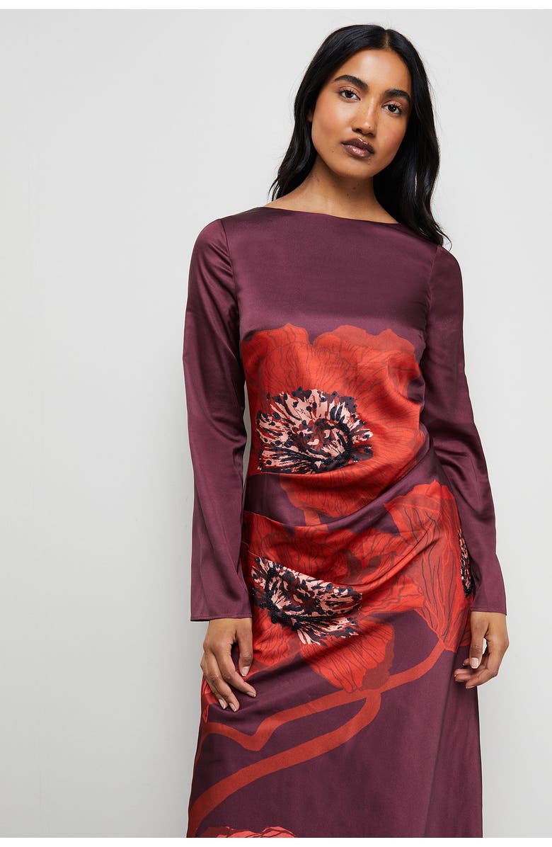 Warehouse Floral Placement Print Satin Midi Dress, Alternate, color, Dark Red