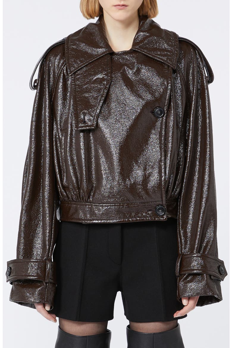 Glossy Faux Leather Bomber Jacket, Main, color, COFFEE