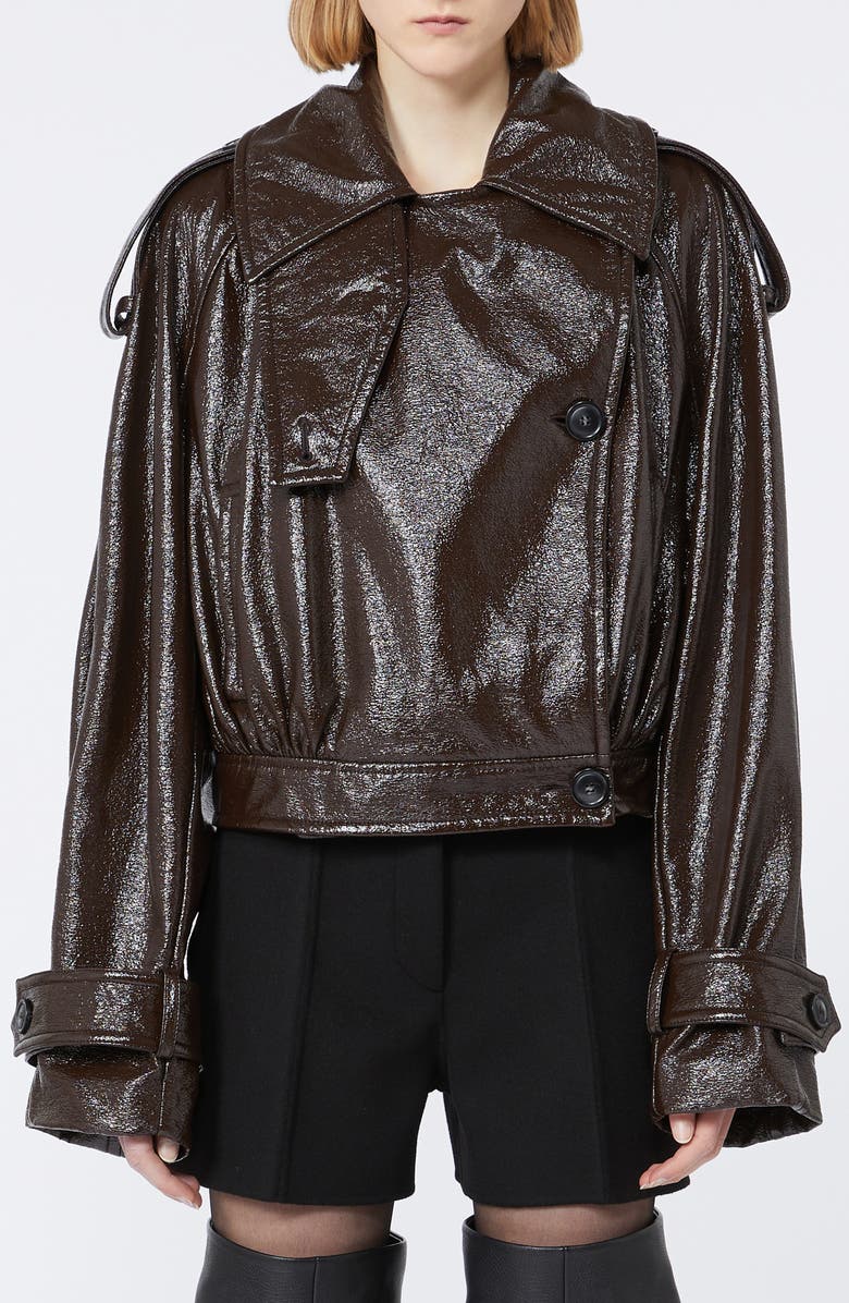 SPORTMAX Glossy Faux Leather Bomber Jacket, Main, color, Coffee