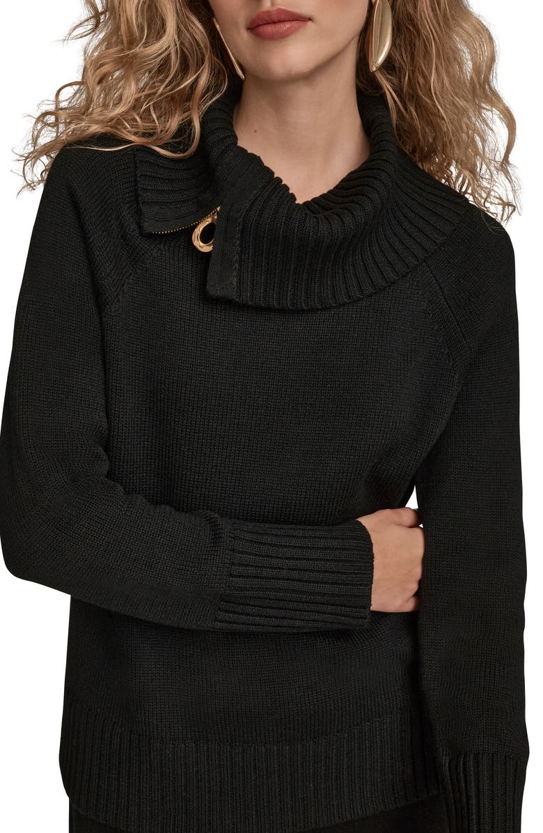 Donna Karan New York Asymmetric Zip Collar Sweater, Alternate, color, Black