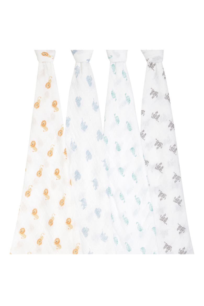 Assorted 4-Pack Organic Cotton Muslin Swaddling Cloths, Alternate, color, ANIMAL KINGDOM