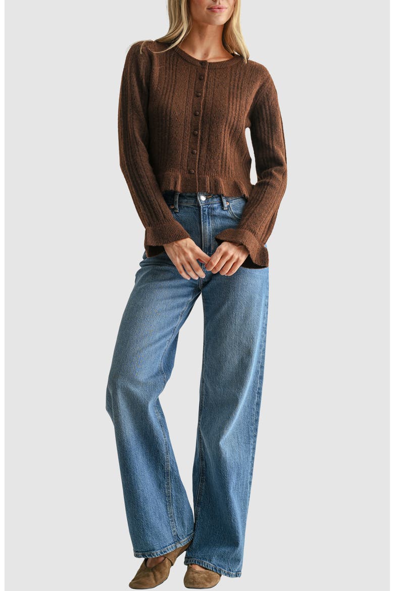 Pointelle Peplum Cardigan, Alternate, color, DARK BROWN