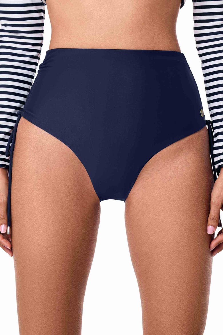 Women's Myrtle Reversible Ruche Swim Bottoms, UPF 50+ Sun Protection, Alternate, color, Navy Reversible