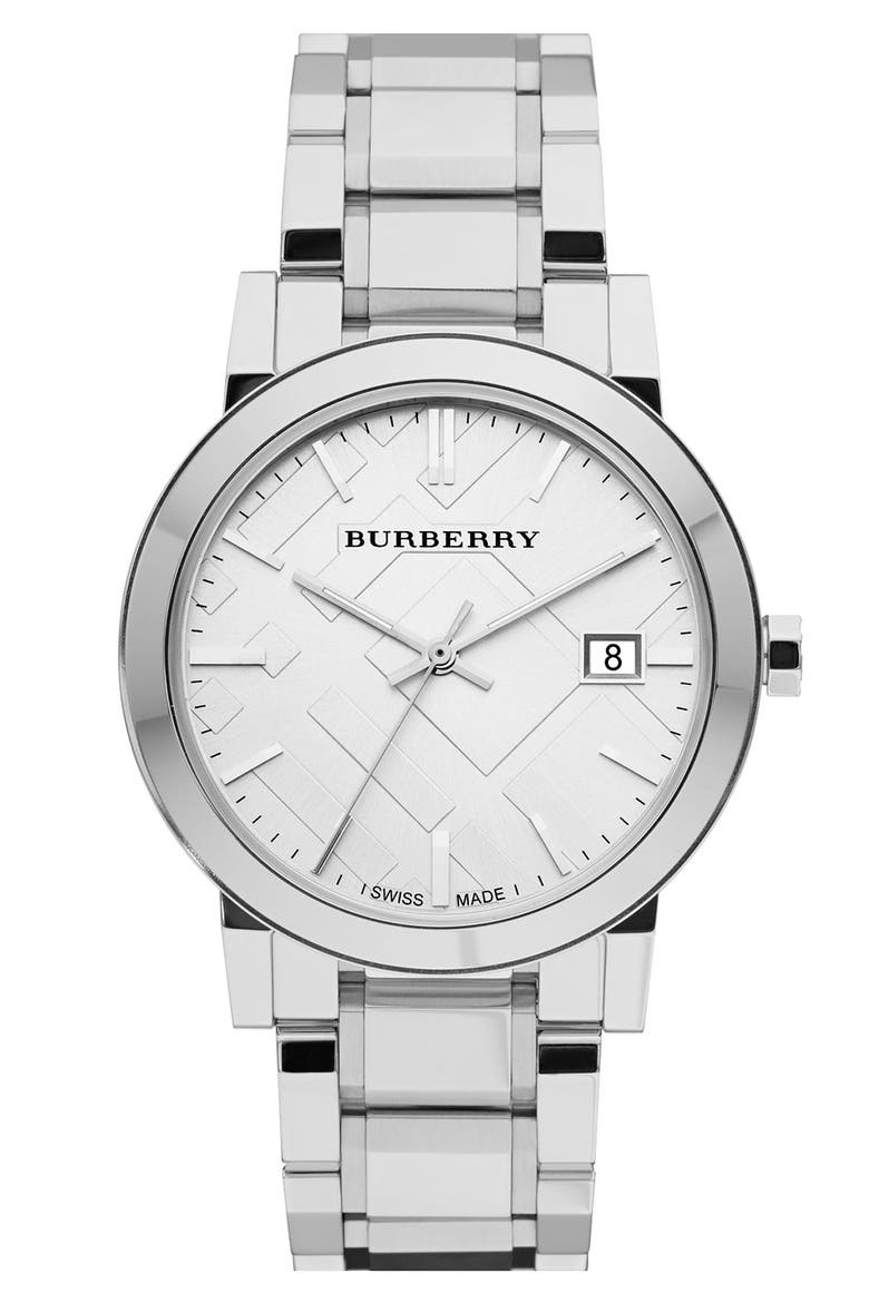 Large Check Stamped Bracelet Watch, 38mm, Main, color, SILVER