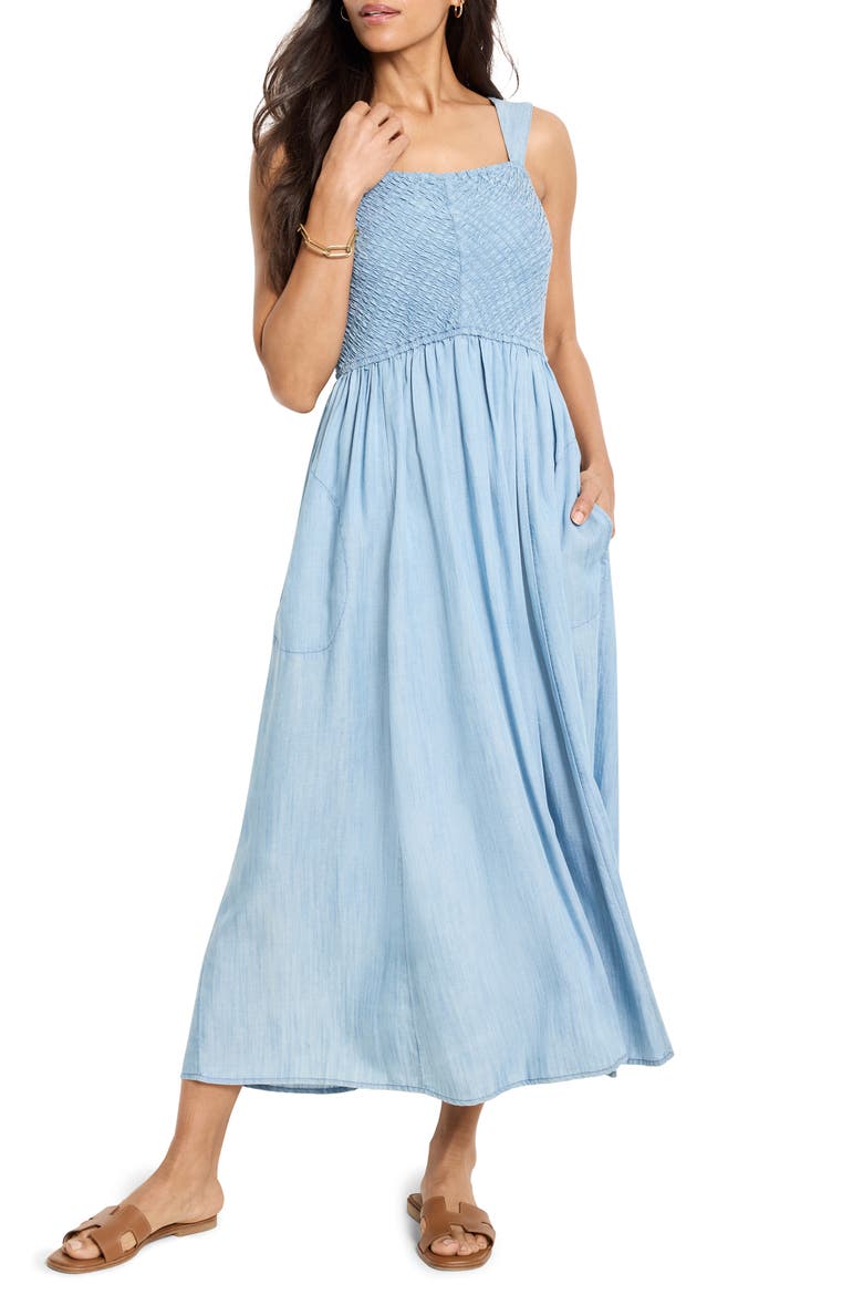 Sarah Smocked Chambray Sundress, Main, color, MID WASH
