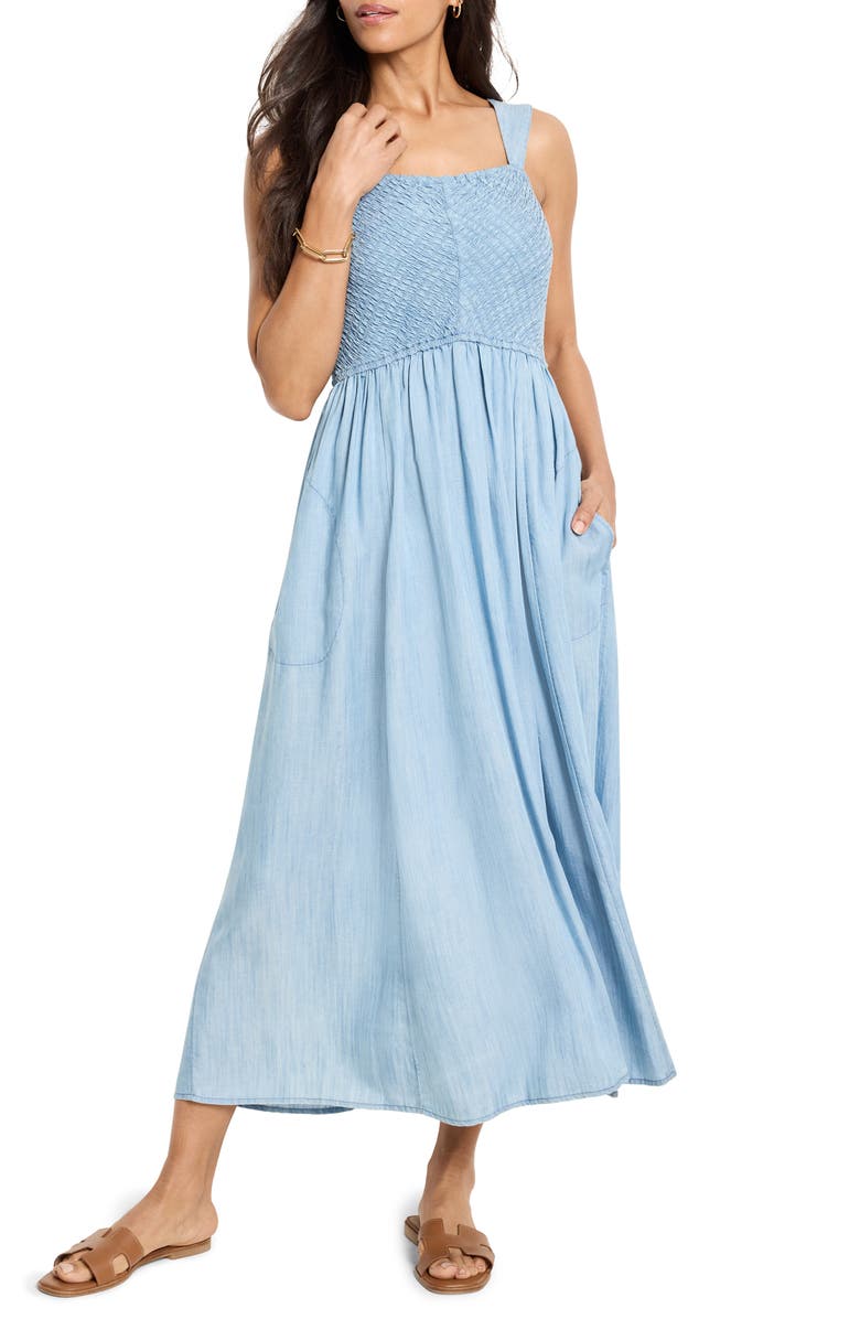 NIC+ZOE Sarah Smocked Chambray Sundress, Main, color, Mid Wash