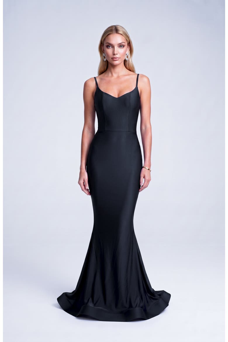 Open Back Pleated Sweetheart Mermaid Gown, Alternate, color, Black