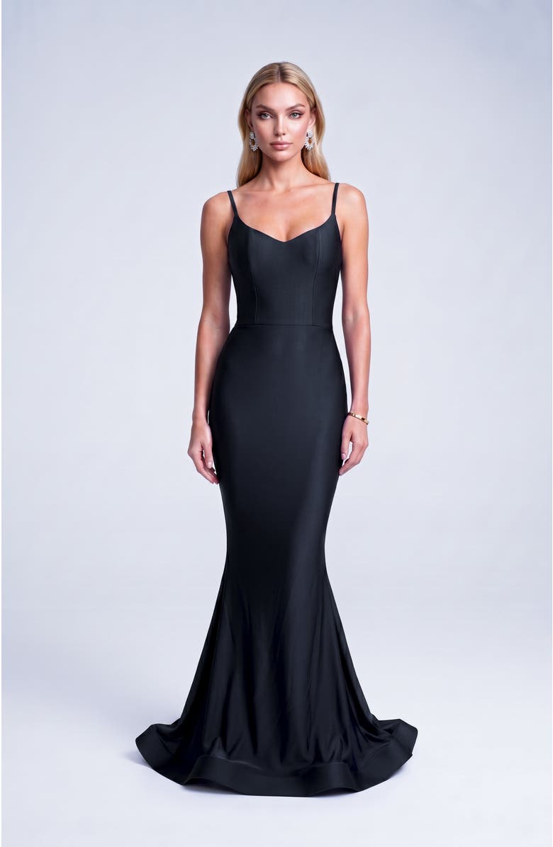 Jessica Angel Open Back Pleated Sweetheart Mermaid Gown, Alternate, color, Black