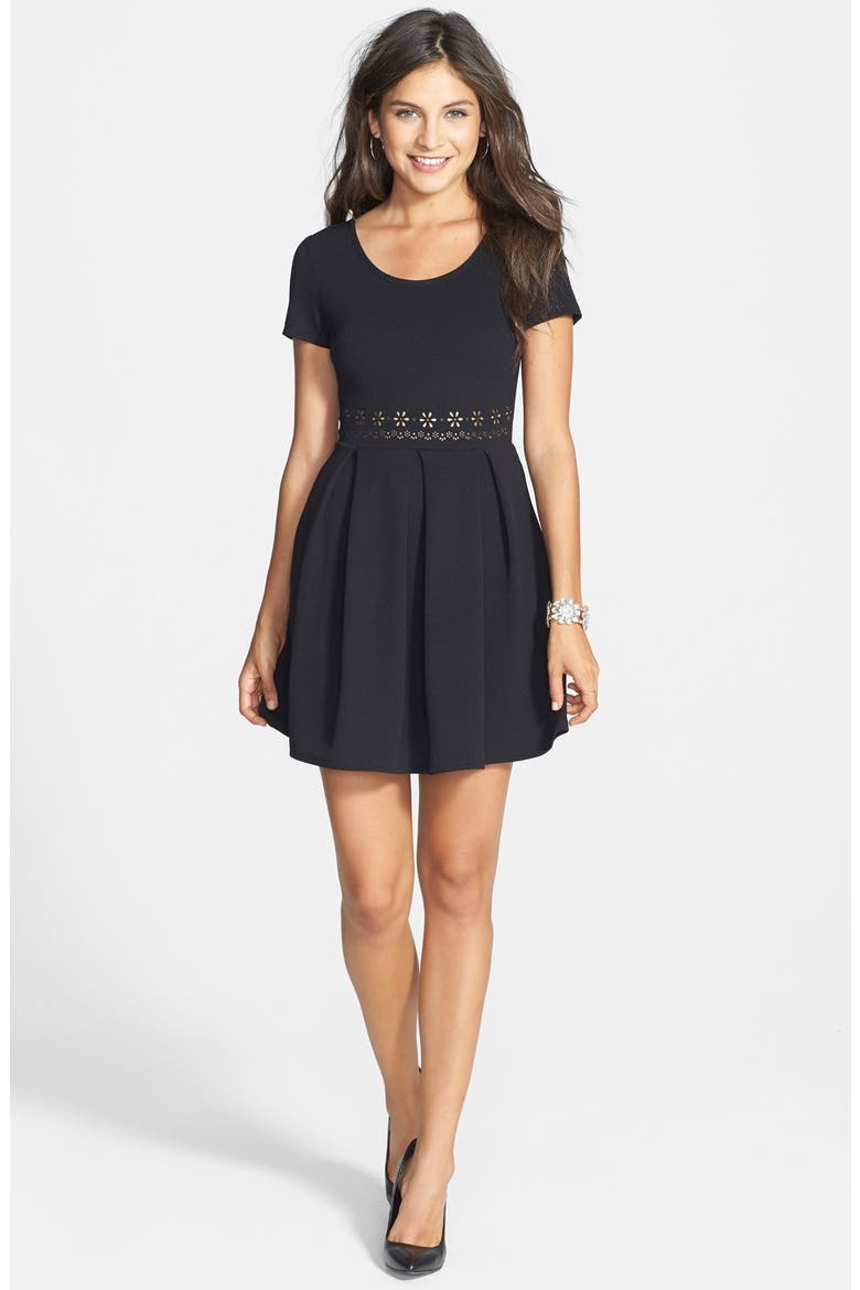 Laser Cut Skater Dress, Alternate, color, BLACK