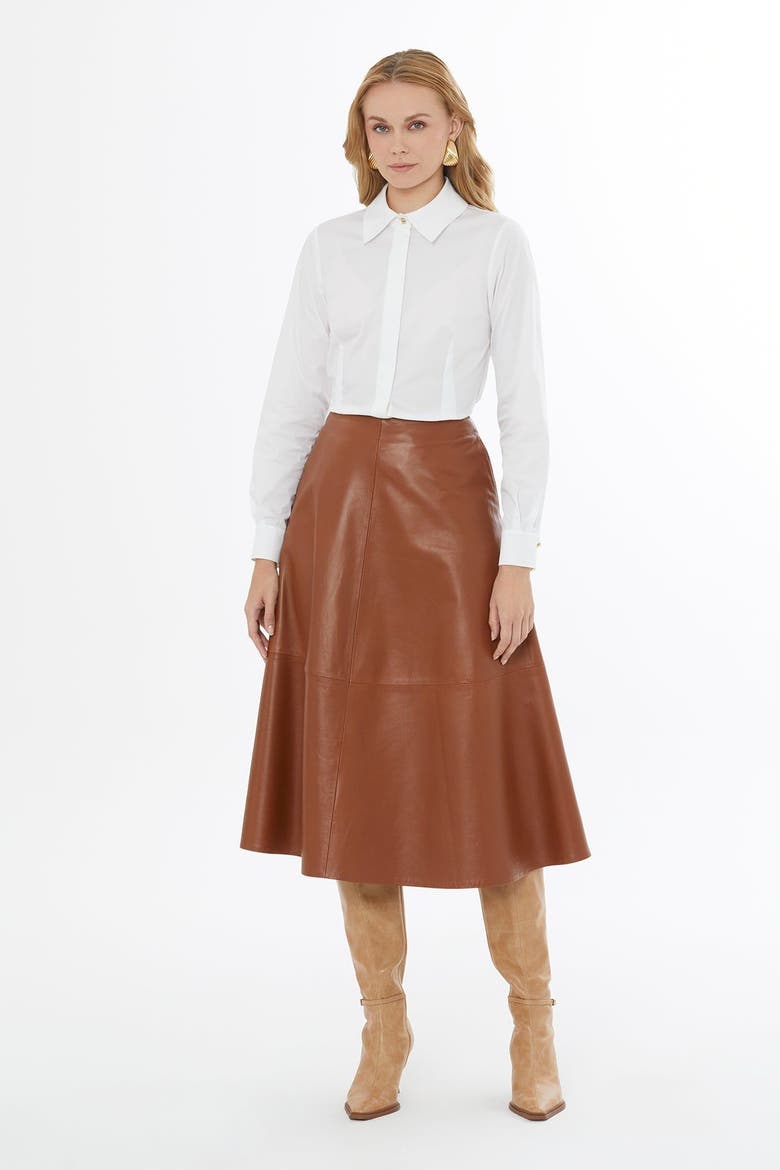 Lambskin Leather Flared Skirt with Back Zip, Alternate, color, Brown