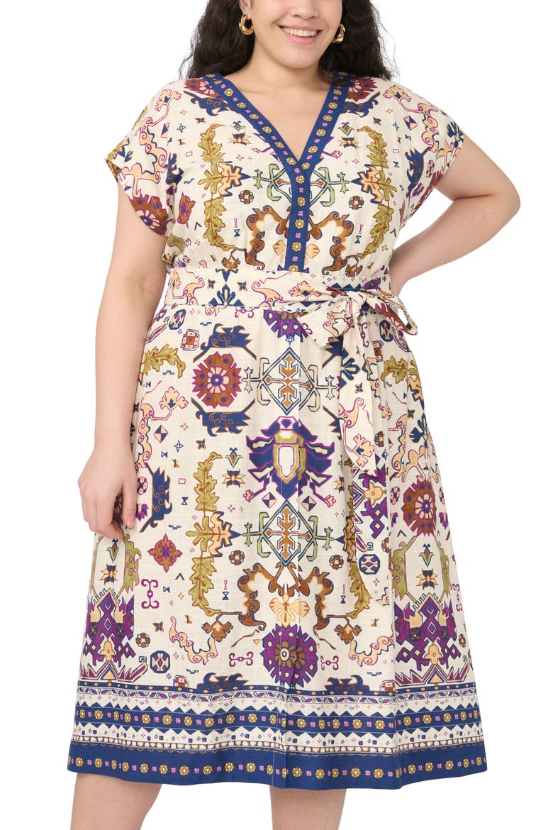 Printed Belted Midi Dress, Alternate, color, NEW IVORY