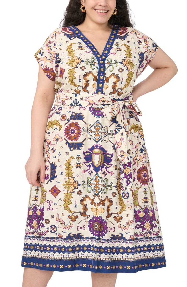 Vince Camuto Printed Belted Midi Dress, Alternate, color, New Ivory
