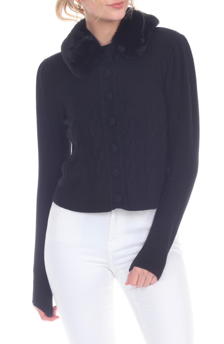 RAIN AND ROSE Faux Fur Collar Cable Stitch Cardigan, Main, color, 