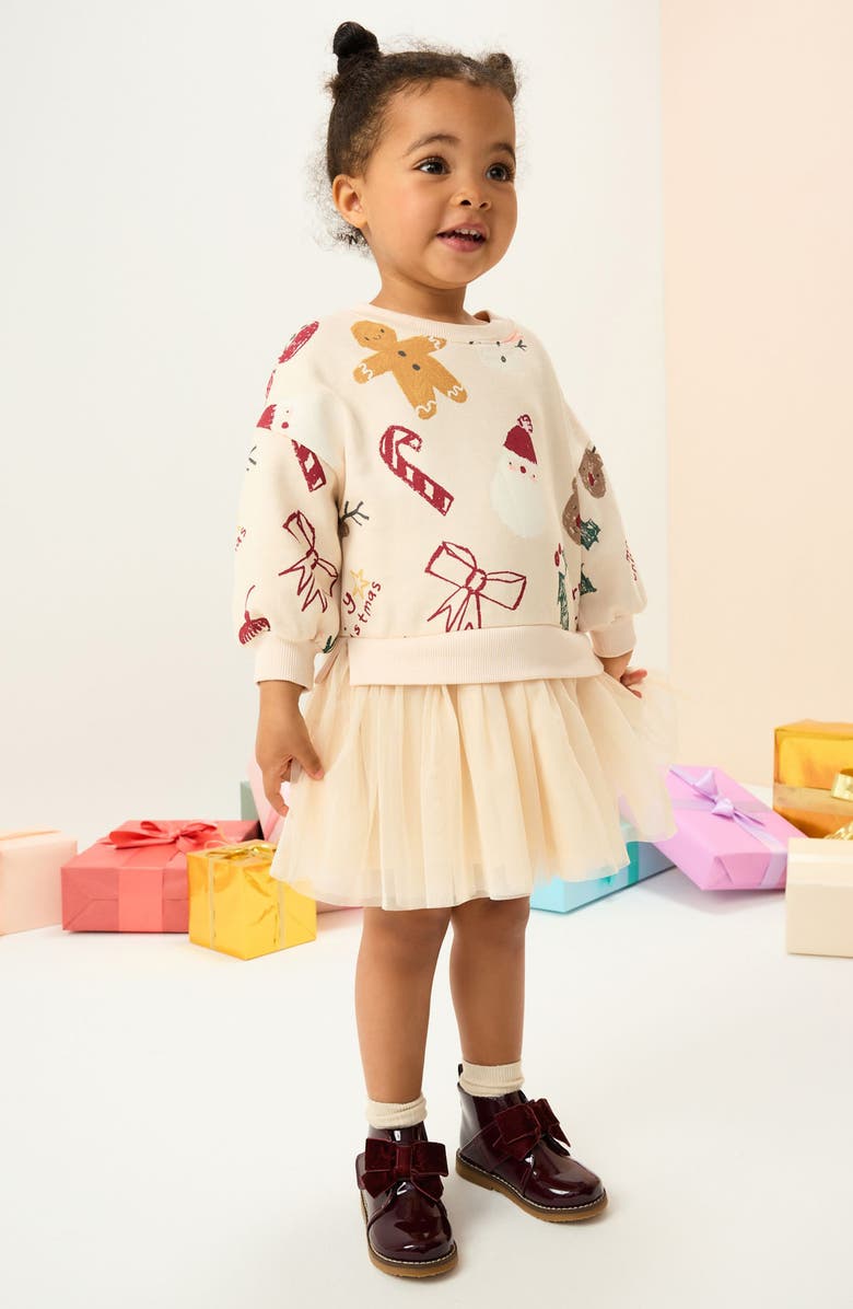 NEXT Kids' Christmas Print Mixed Media Long Sleeve Sweatshirt Dress, Alternate, color, Neutral