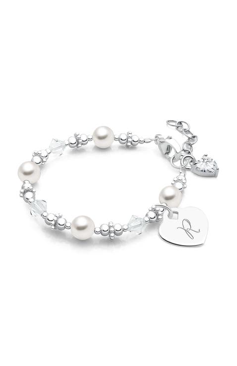 Sterling Silver Crystals & Pearls & Engraved Initial 5.25" Bracelet