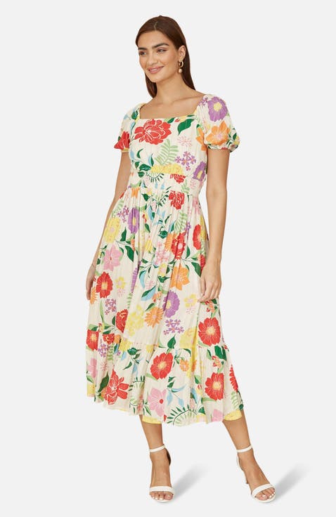 Short Sleeve Square Neck Midi Dress