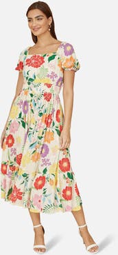 Yumi Short Sleeve Square Neck Midi Dress