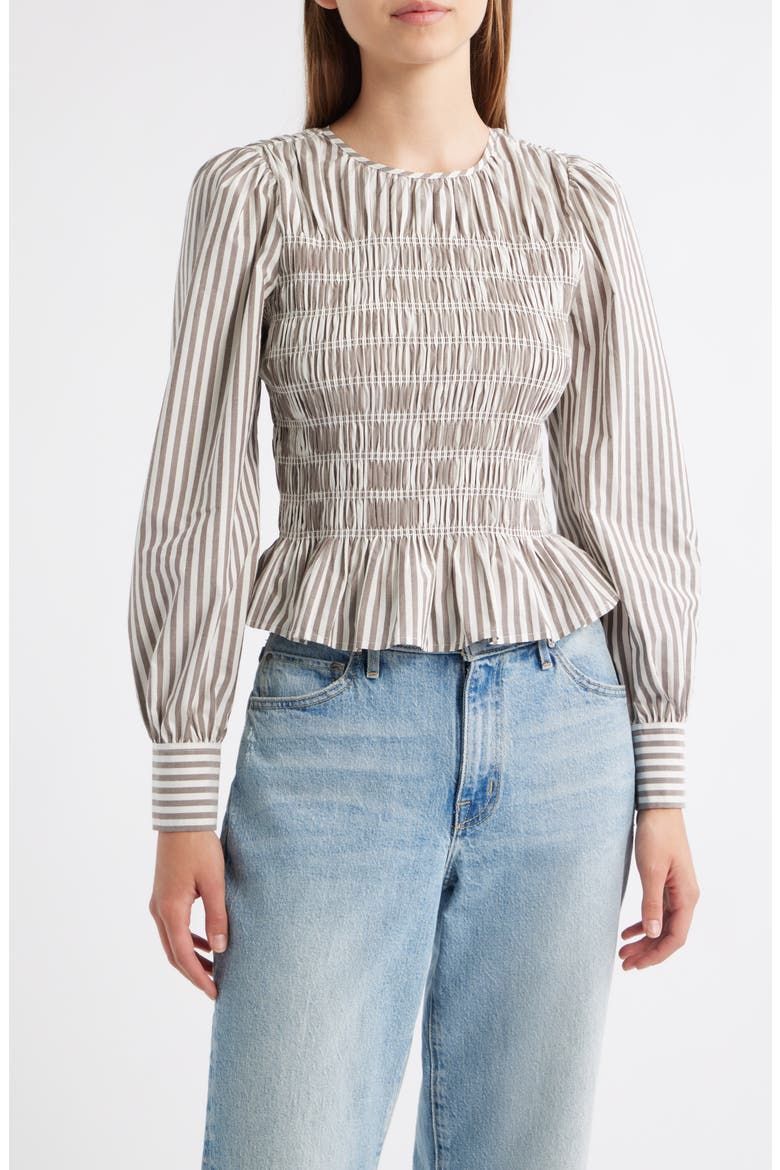 Tabi Smocked Peplum Top, Main, color, ESPRESSO IVORY STRIPE