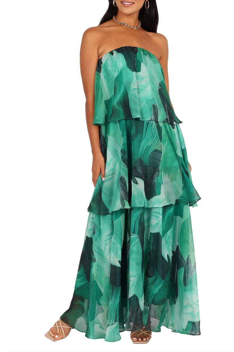 Bloom Strapless Tiered Chiffon Maxi Dress, Main, color, GREEN FLORAL