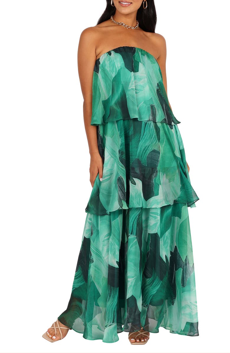 Petal & Pup Bloom Strapless Tiered Chiffon Maxi Dress, Main, color, Green Floral