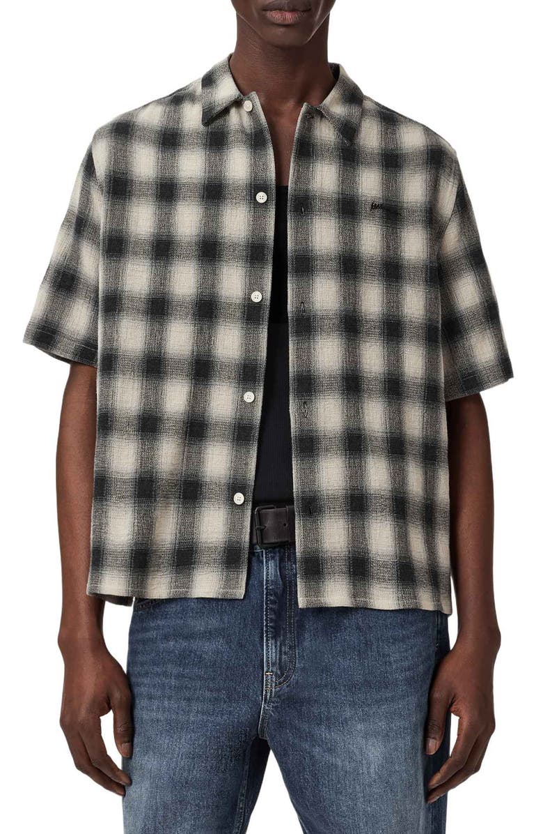 AllSaints Shadow Plaid Short Sleeve Button-Up Shirt, Main, color, Off White
