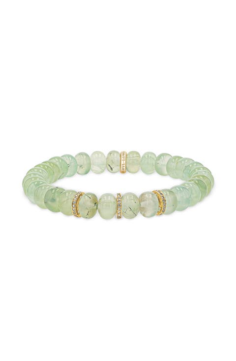 YG Prehnite 8mm Bead Bracelet with 3 Diamond Rondelles