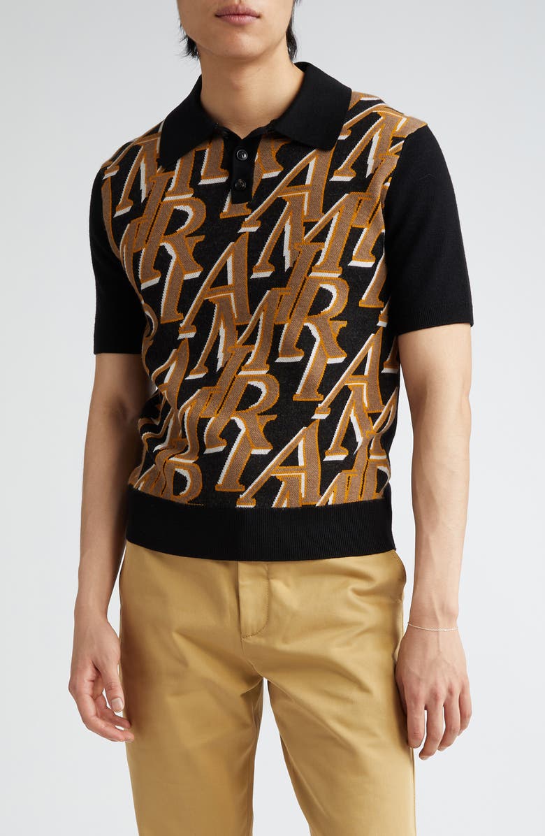 AMIRI Repeat Logo Jacquard Wool Polo Sweater, Main, color,