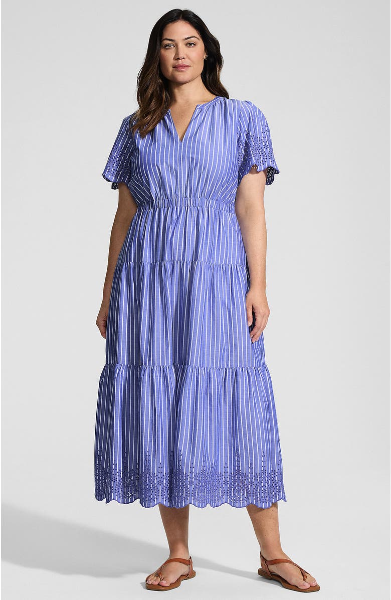 Lands' End Plus Size Tiered Cotton Poplin Eyelet Maxi Dress, Alternate, color, Sapphire Gem Stripe Eyelet