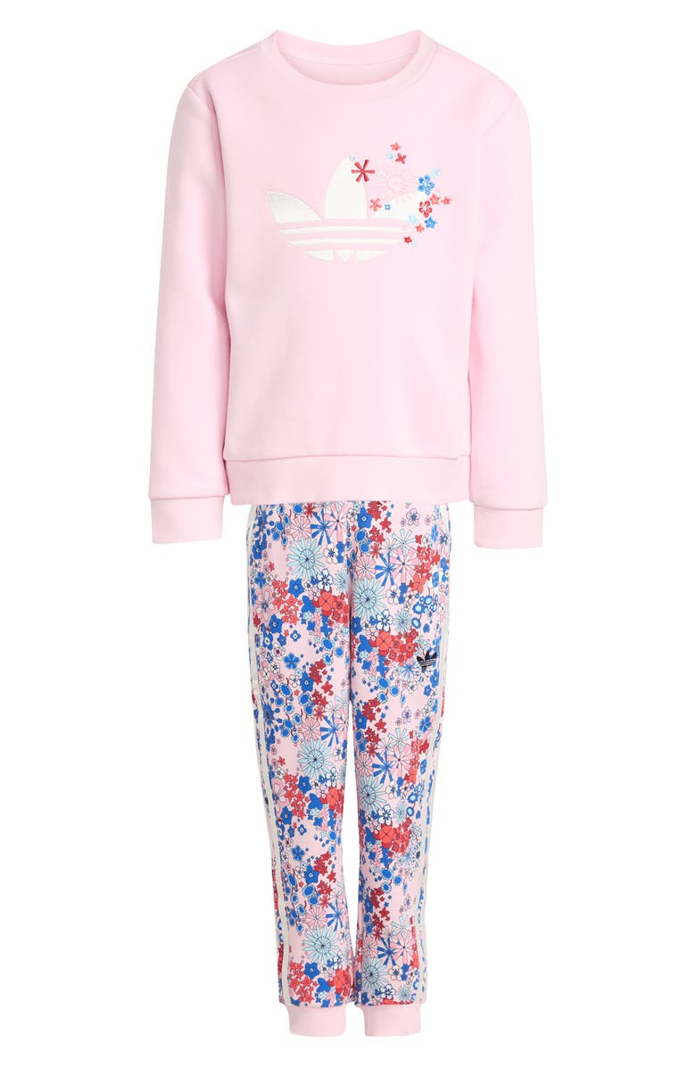 adidas Kids' Embroidered Cotton Blend Sweatshirt & Sweatpants Set, Main, color, Clear Pink