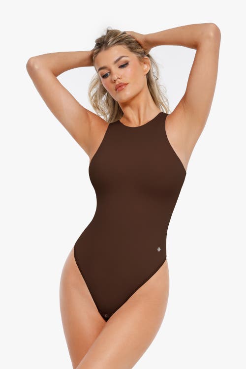 Popilush Shapewear Cloudsense Sleeveless Cutaway Round Neck Bodysuit In Deep Coffee