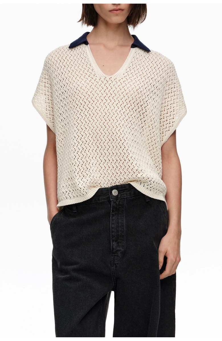 Bimba y Lola Openwork Cotton Polo Shirt Sweater, Main, color, Ivory