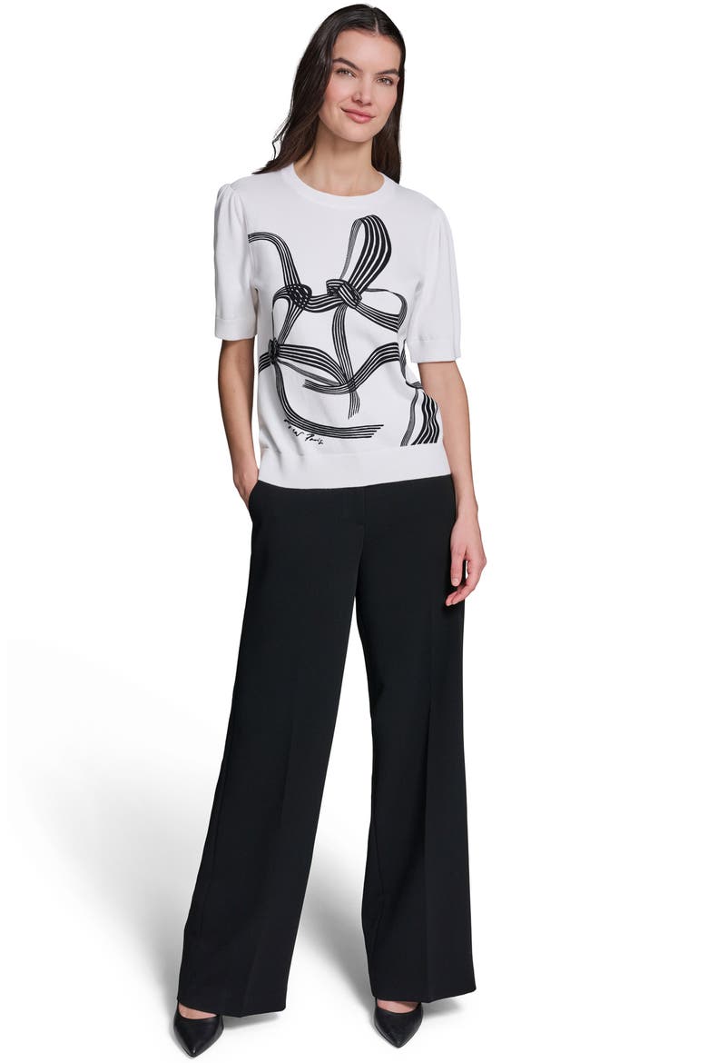Bow Print Short Sleeve Cotton Sweater, Alternate, color, SOFT WHITE/ BLACK