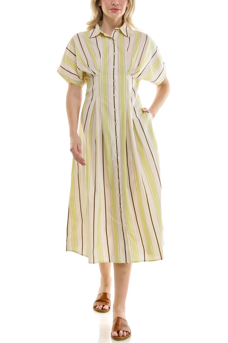 Pintuck Waist Midi Shirtdress, Alternate, color, MINT / CHOCOLATE