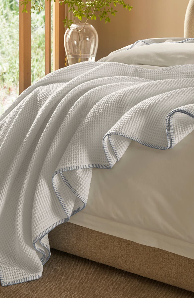 Boll & Branch Organic Cotton Waffle Blanket, Alternate, color, White/ Hydrangea