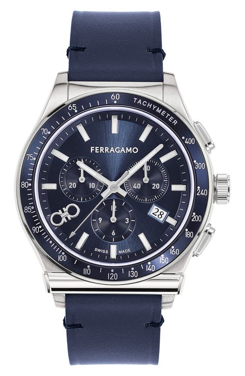 FERRAGAMO 1927 Chronograph Leather Strap Watch, 42mm in Steel at Nordstrom