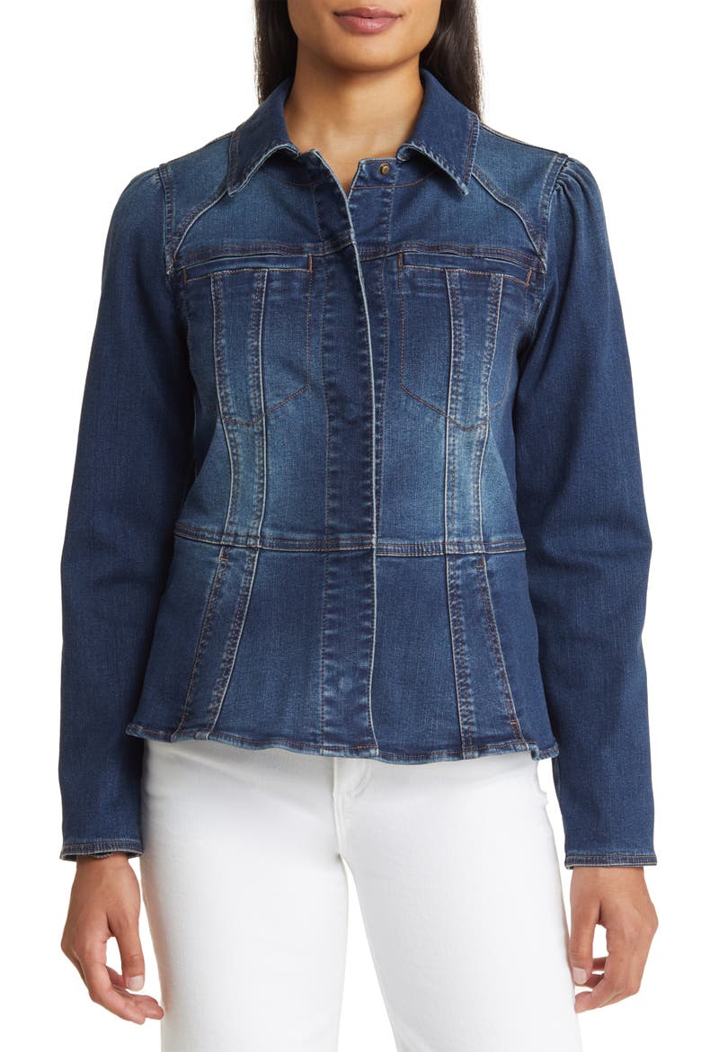 Peplum Denim Jacket, Alternate, color, BLUE