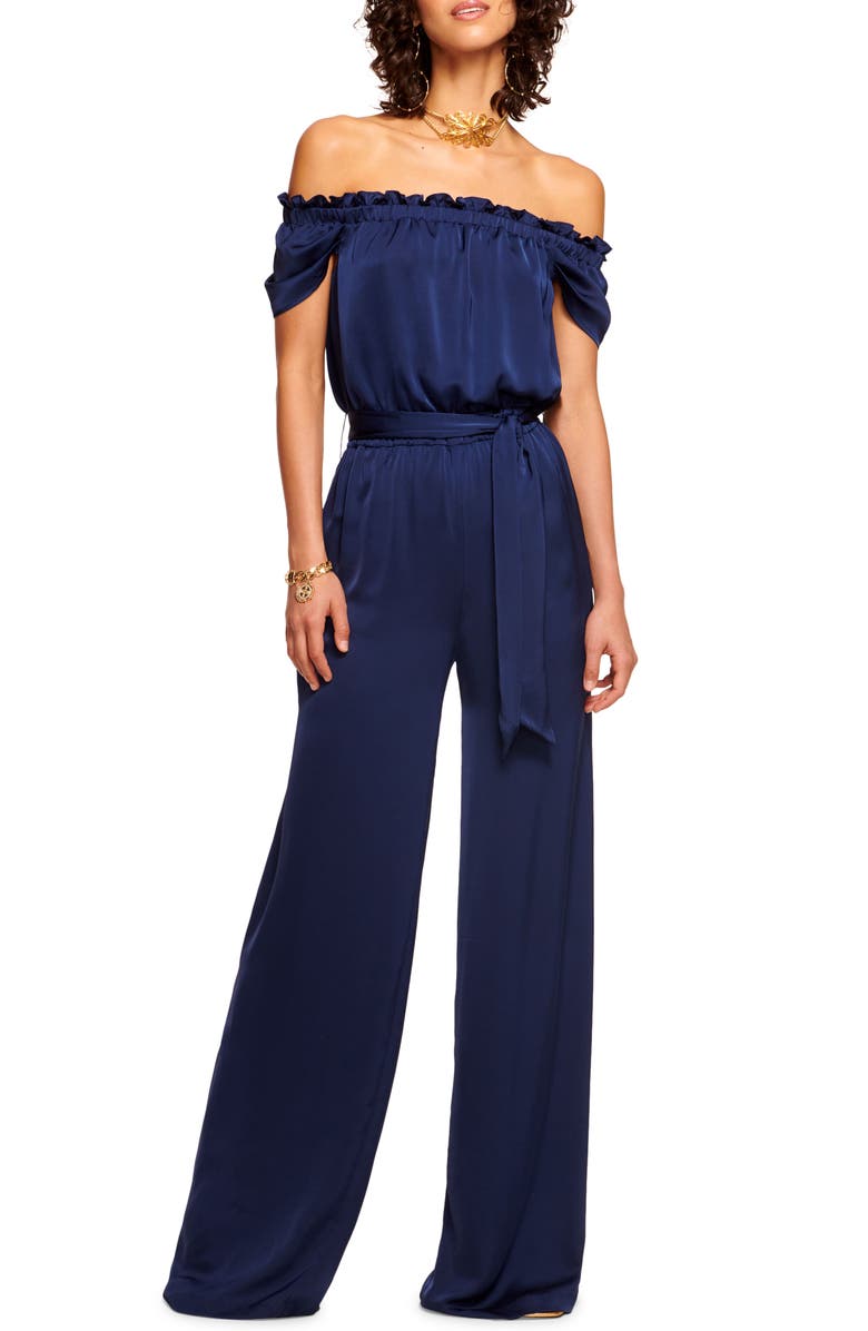 Ramy Brook Lee Off the Shoulder Satin Jumpsuit, Main, color, Spring Navy