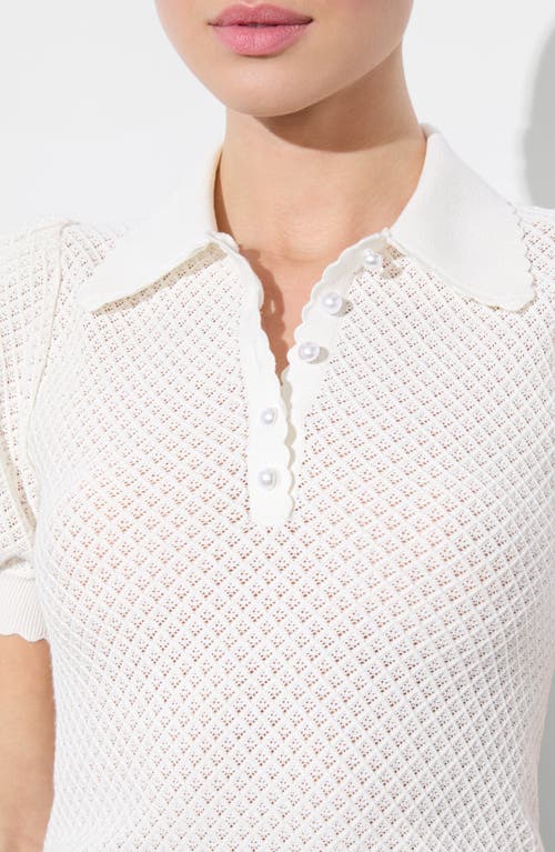 Alice And Olivia Linda Crop Pointelle Polo Sweater In Soft White