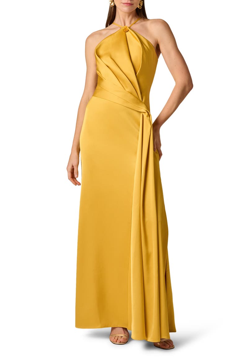 Pleated Crepe Back Satin Gown, Main, color, GOLDEN ROD