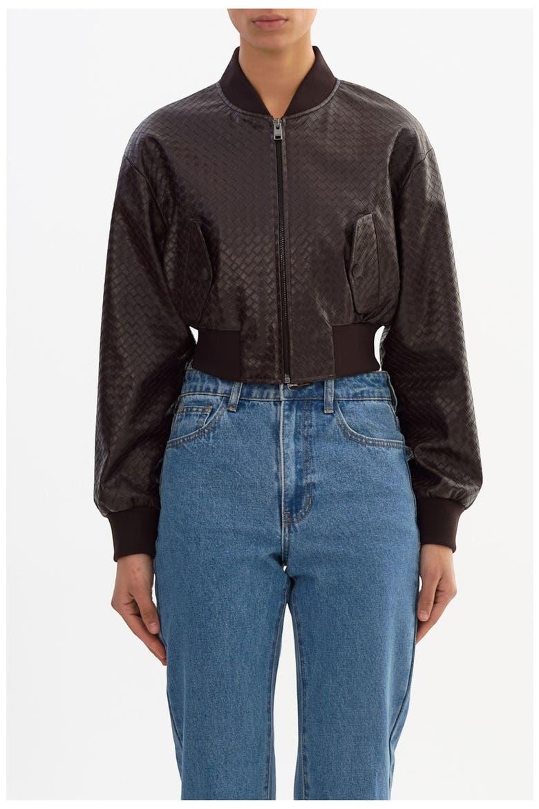 Evelin W | Cropped Woven Bomber Jacket, Alternate, color, Dark Brown