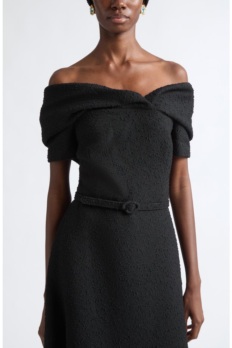 Slubby Off the Shoulder Tweed Midi Dress, Alternate, color, BLACK