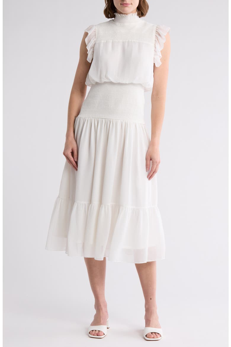 Smocked Flutter Sleeve Dress, Main, color, WHITE