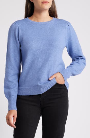 Caslon ® Puff Sleeve Cotton Blend Crewneck Sweater In Blue Colony
