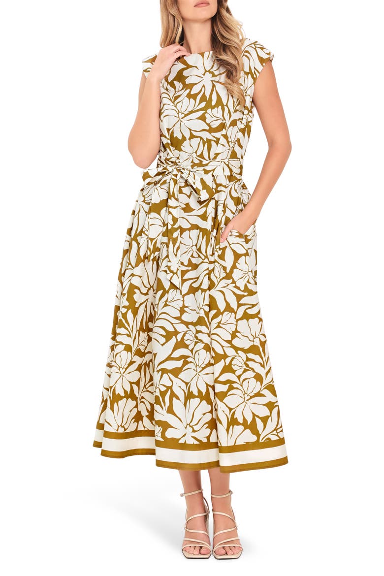 Sleeveless Print Cotton Midi Dress, Main, color, CAMEL