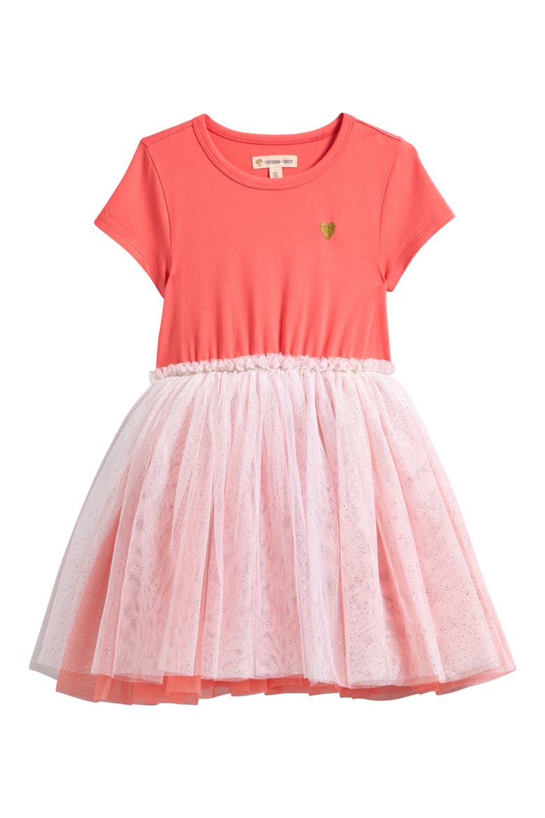 Kids' Jersey & Mesh Tutu Dress, Main, color, CORAL SUGAR- GOLD HEART
