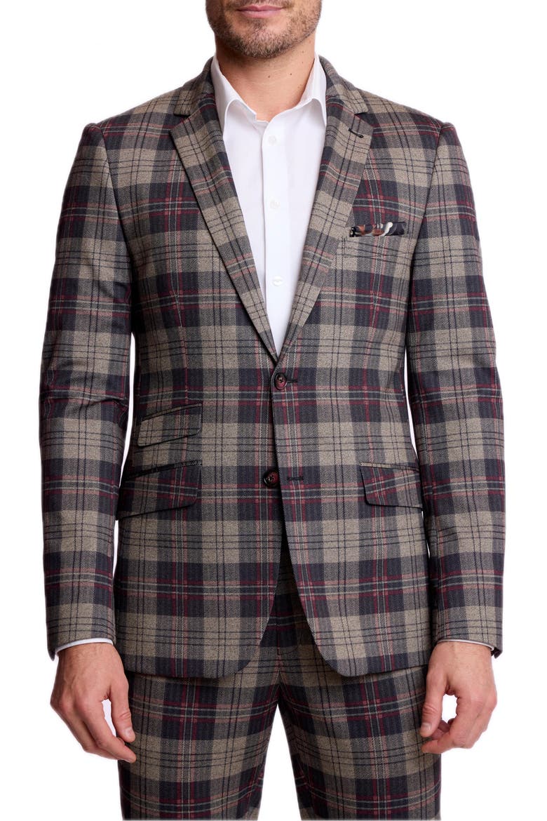Dover Slim Fit Plaid Stretch Flannel Suit Jacket, Main, color, BLK BG RED HB KNIT PLAID