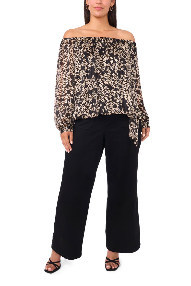 Floral Metallic Print Off the Shoulder Top, Alternate, color, RICH BLACK