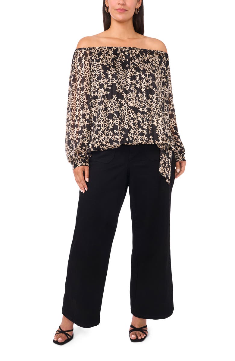 Vince Camuto Floral Metallic Print Off the Shoulder Top, Alternate, color, Rich Black