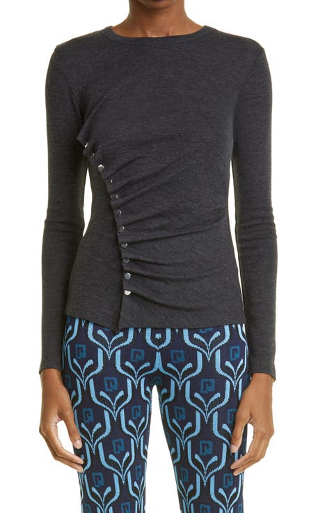 Fitted Long Sleeve Asymmetric Snap Stretch Virgin Wool Top