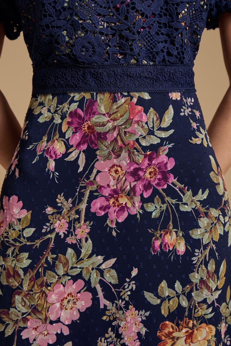 Petite Lace Bodice Midi Dress, Alternate, color, Navy